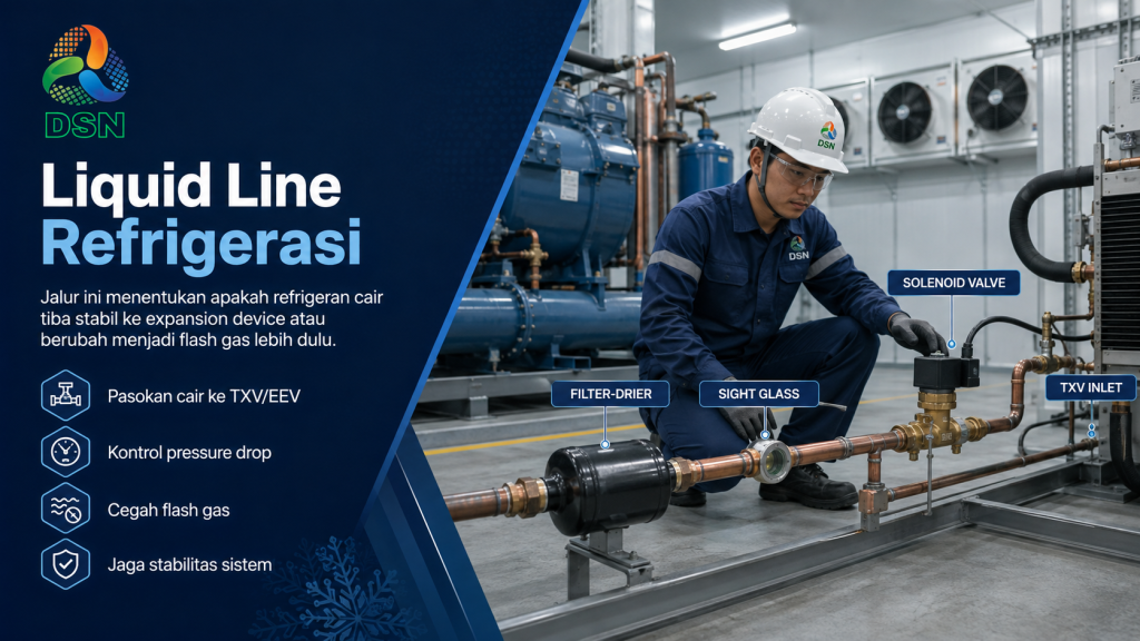 Teknisi memeriksa liquid line refrigerasi pada sistem cold storage dengan filter-drier, sight glass, dan expansion valve.