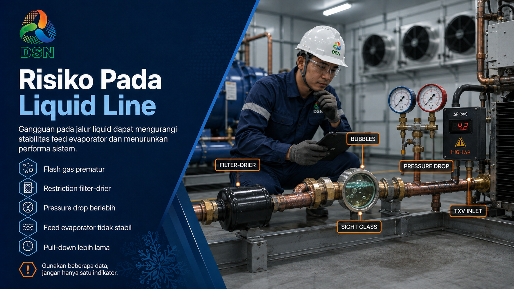 Teknisi memeriksa liquid line refrigerasi pada sistem cold storage dengan filter-drier, sight glass, dan expansion valve.

