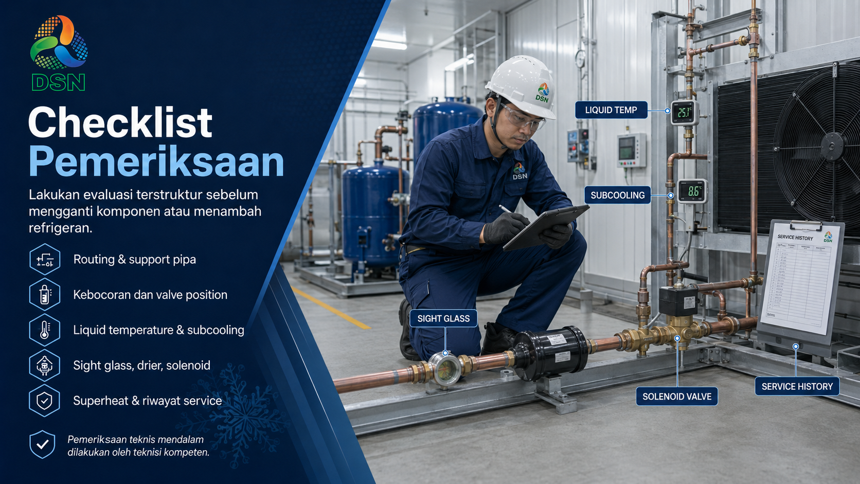 Teknisi memeriksa liquid line refrigerasi pada sistem cold storage dengan filter-drier, sight glass, dan expansion valve.

