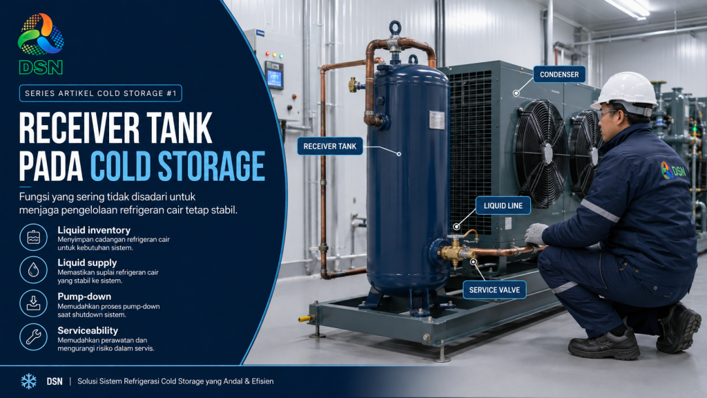 Receiver tank pada sistem refrigerasi cold storage dengan teknisi memeriksa liquid receiver dan jalur refrigeran.