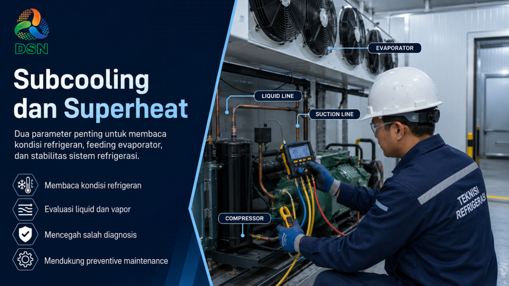 Teknisi memeriksa subcooling dan superheat pada sistem refrigerasi cold storage dengan pressure gauge dan temperature probe