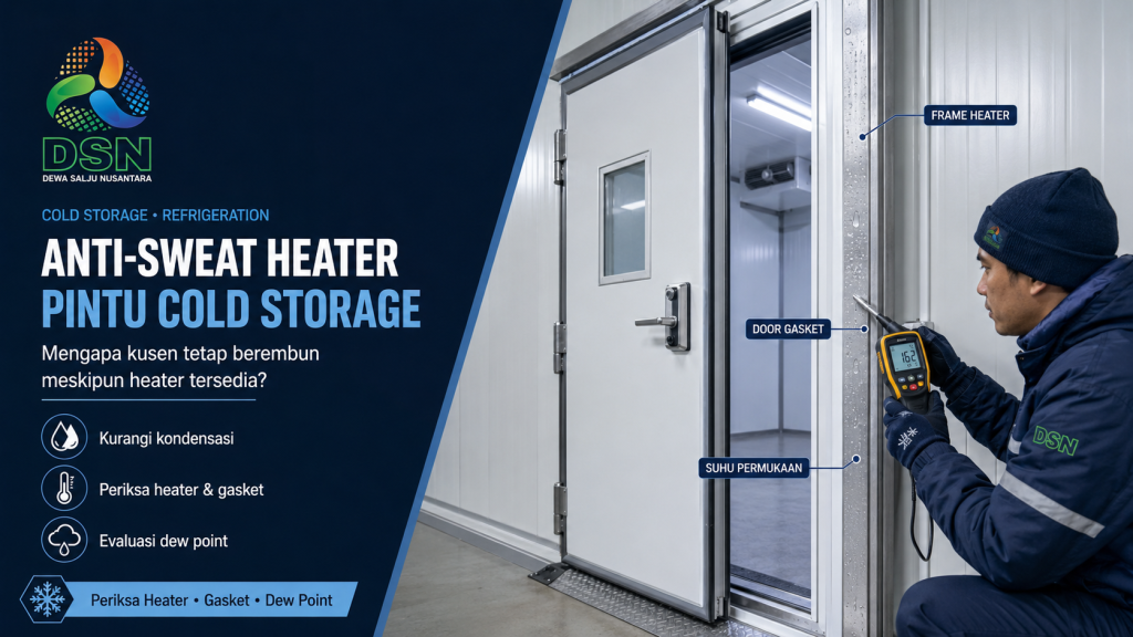 Teknisi memeriksa anti-sweat heater dan kusen pintu cold storage yang berembun