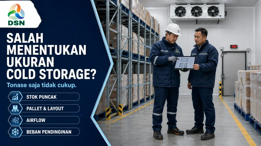 Teknisi mengevaluasi layout dan ukuran cold storage modern dengan pallet produk serta sistem evaporator