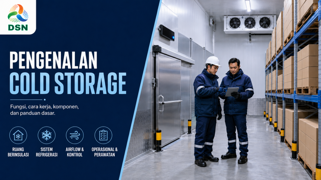Rekomendasi alt text untuk empat gambar: Cover: Teknisi meninjau cold storage modern dengan rak pallet, evaporator, dan pintu ruang pendingin
