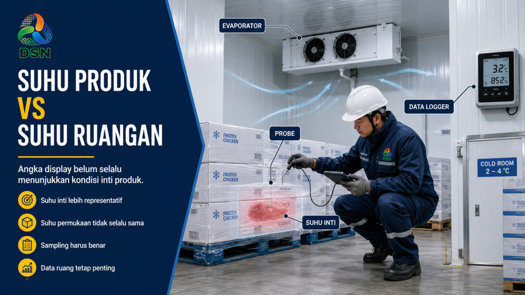 Teknisi melakukan Pemeriksaan suhu produk di cold storage menggunakan probe dan data logger