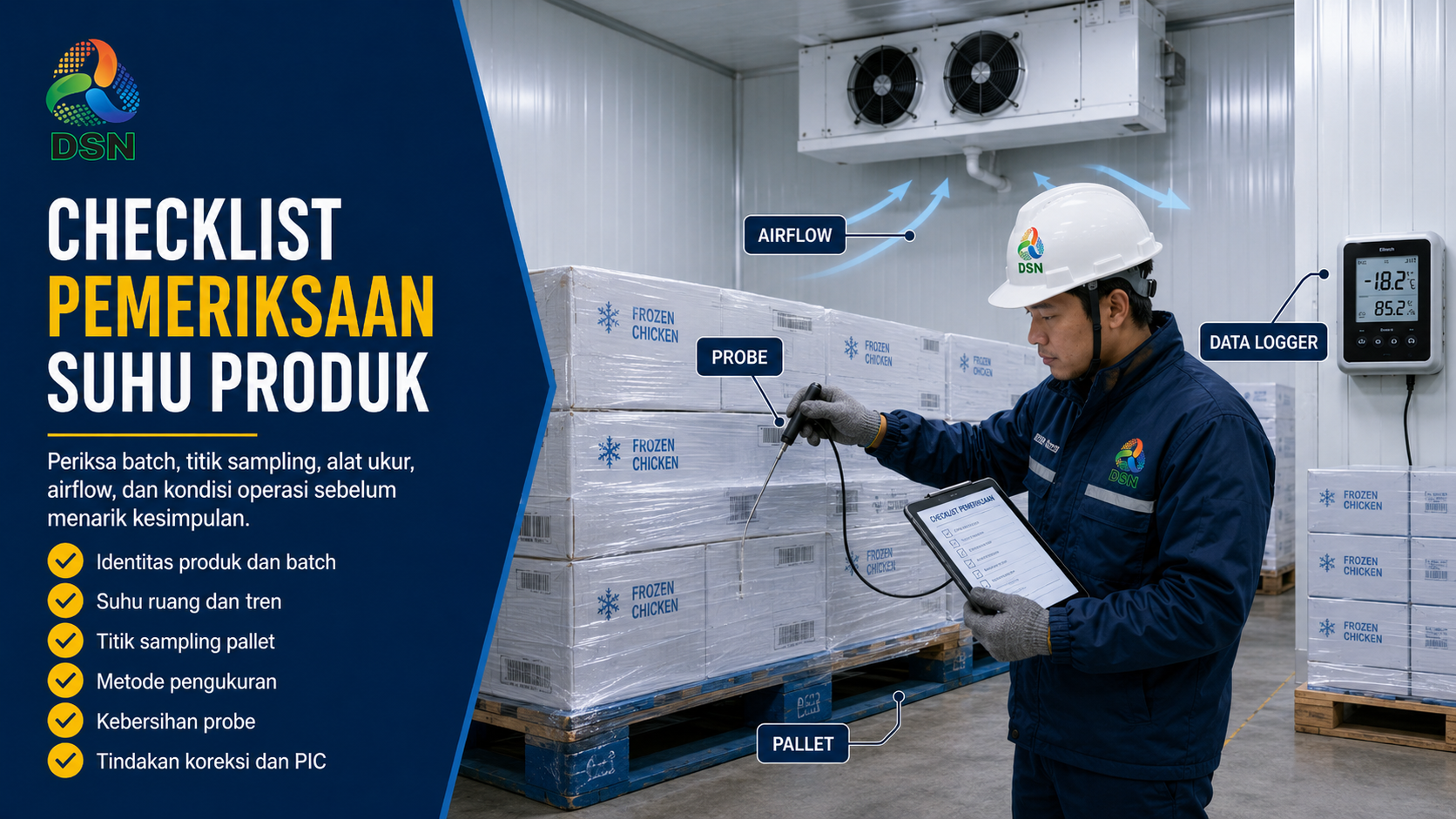 Teknisi melakukan Pemeriksaan suhu produk di cold storage menggunakan probe dan data logger

