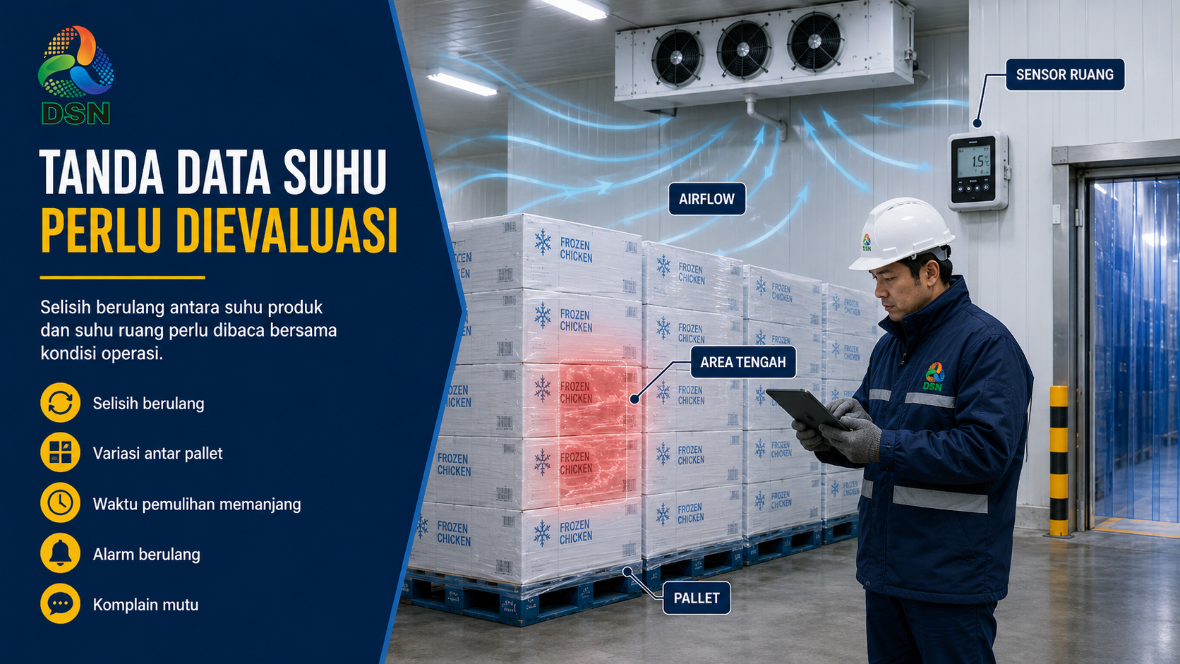 Teknisi melakukan Pemeriksaan suhu produk di cold storage menggunakan probe dan data logger

