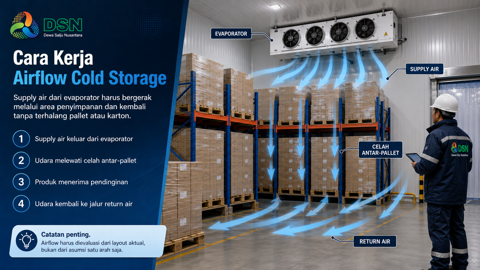 Infografis cara kerja airflow cold storage: supply air, jalur di sekitar pallet, pendinginan produk, dan return air.