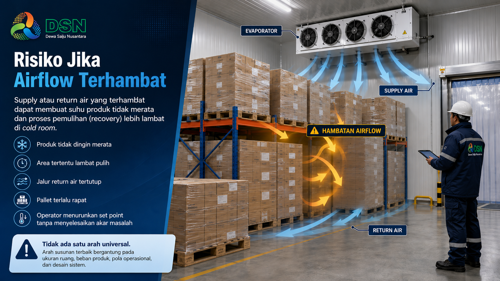 Infografis risiko airflow terhambat: jalur supply dan return terganggu oleh tumpukan karton di cold storage.