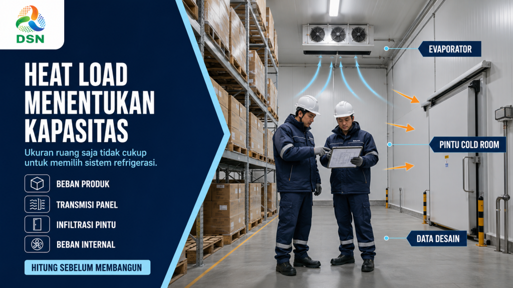 Teknisi meninjau perhitungan heat load untuk desain cold storage dan pemilihan kapasitas sistem refrigerasi