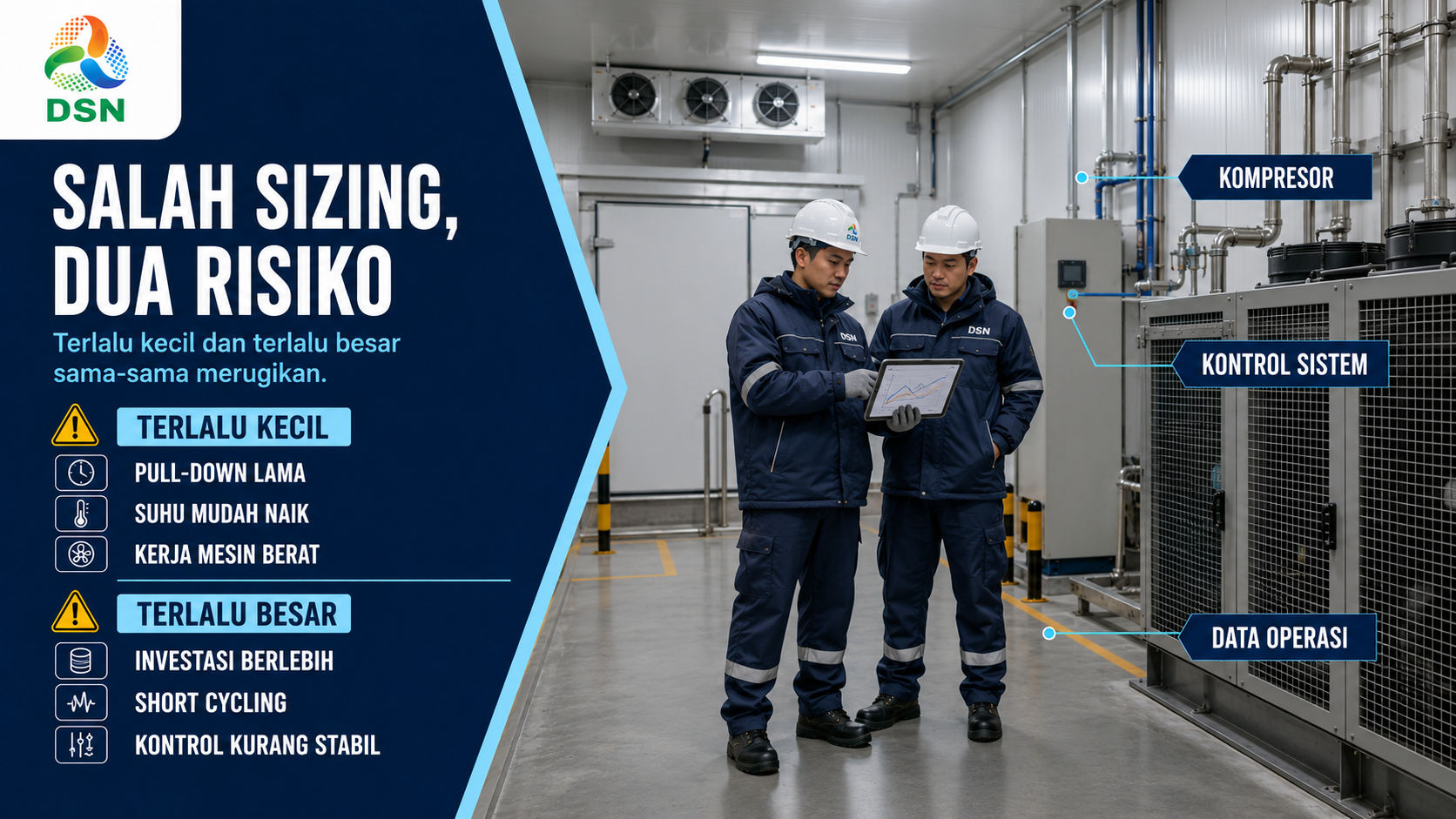 Teknisi meninjau perhitungan heat load untuk desain cold storage dan pemilihan kapasitas sistem refrigerasi

