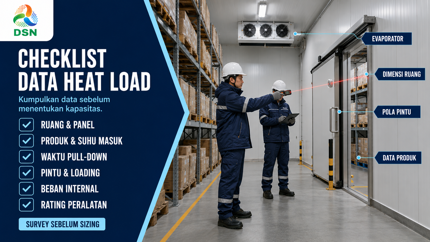 Teknisi meninjau perhitungan heat load untuk desain cold storage dan pemilihan kapasitas sistem refrigerasi

