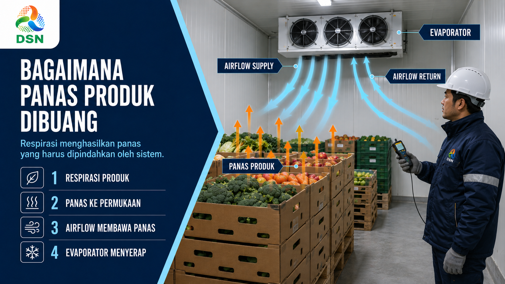 Infografis pelepasan panas respirasi: panas dari buah dan sayur berpindah ke permukaan, dibawa airflow, lalu diserap evaporator.