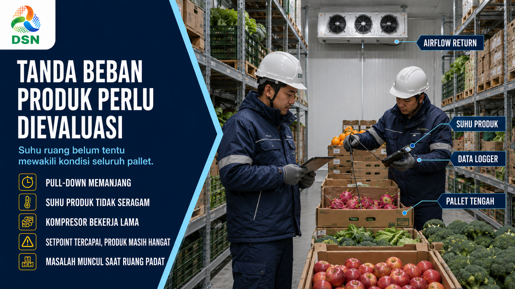 Infografis tanda beban produk perlu dievaluasi: pull-down memanjang, suhu produk tidak seragam, kompresor bekerja lama, dan produk masih hangat saat setpoint tercapai.