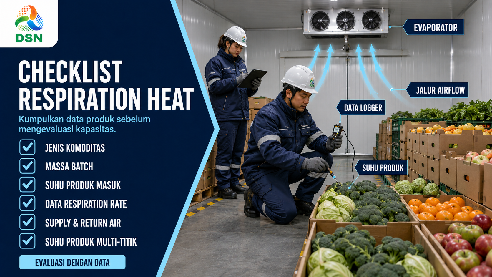 Infografis checklist respiration heat: jenis komoditas, massa batch, suhu produk masuk, data respiration rate, supply-return air, dan suhu produk multi-titik.