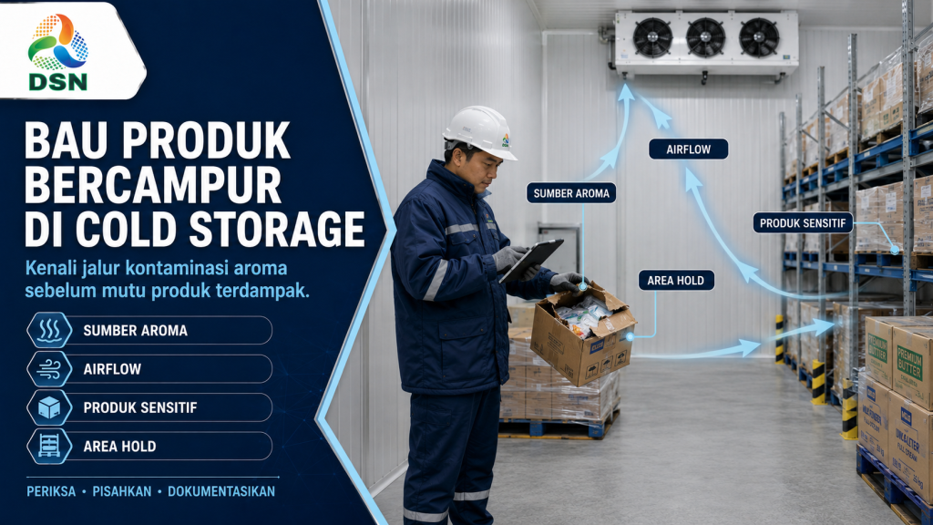 Teknisi memeriksa penataan dan kemasan produk untuk mencegah bau produk bercampur di cold storage