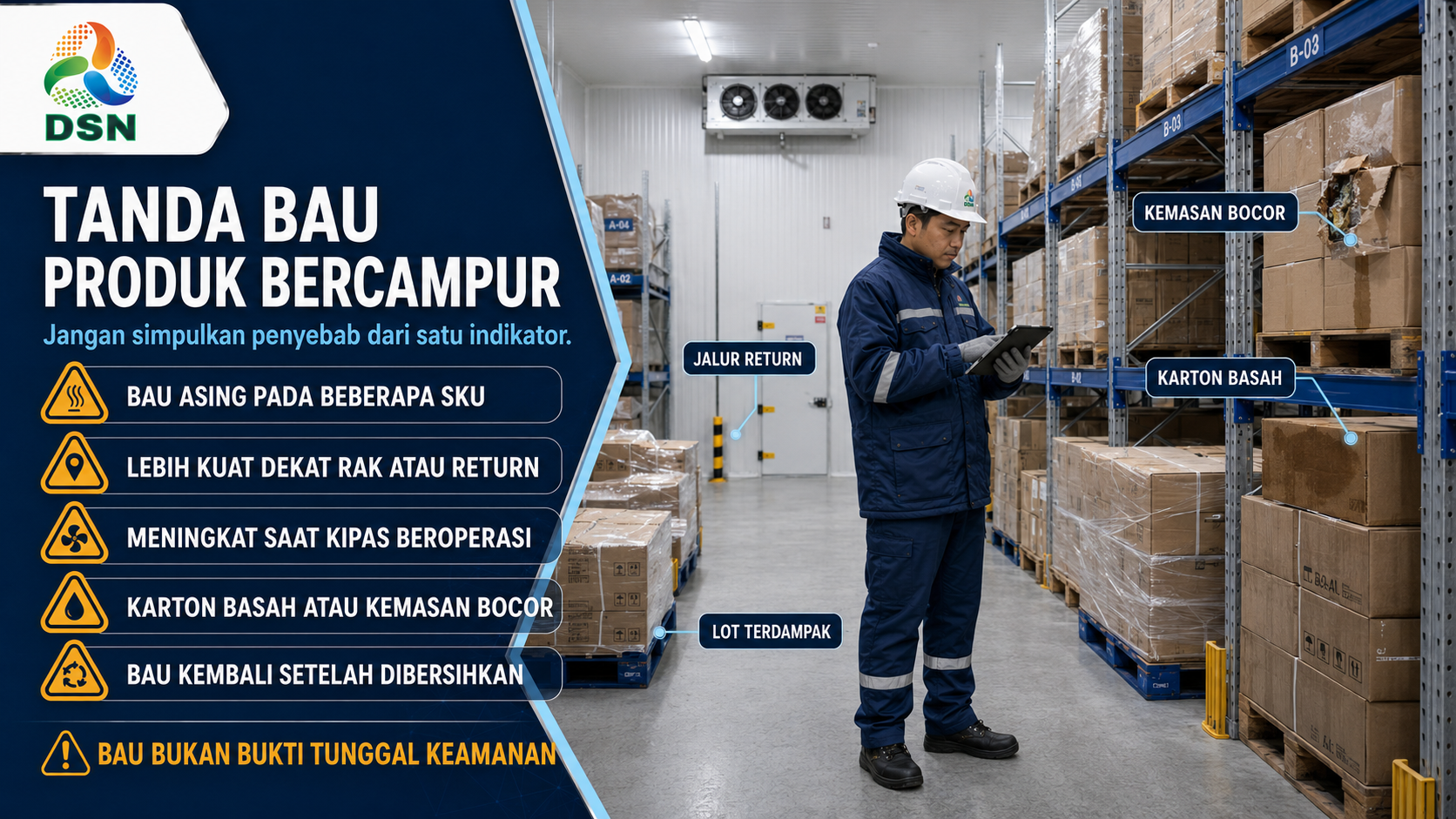 Infografik tanda bau produk bercampur, kemasan bocor, dan karton basah