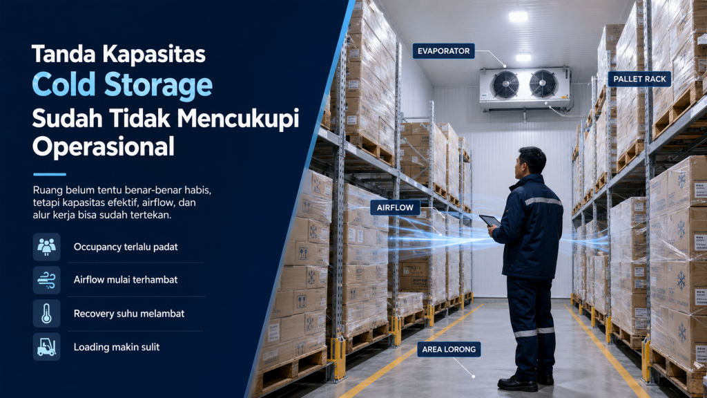 Cold storage penuh dengan pallet dan teknisi mengevaluasi kapasitas cold storage, airflow, serta recovery suhu.