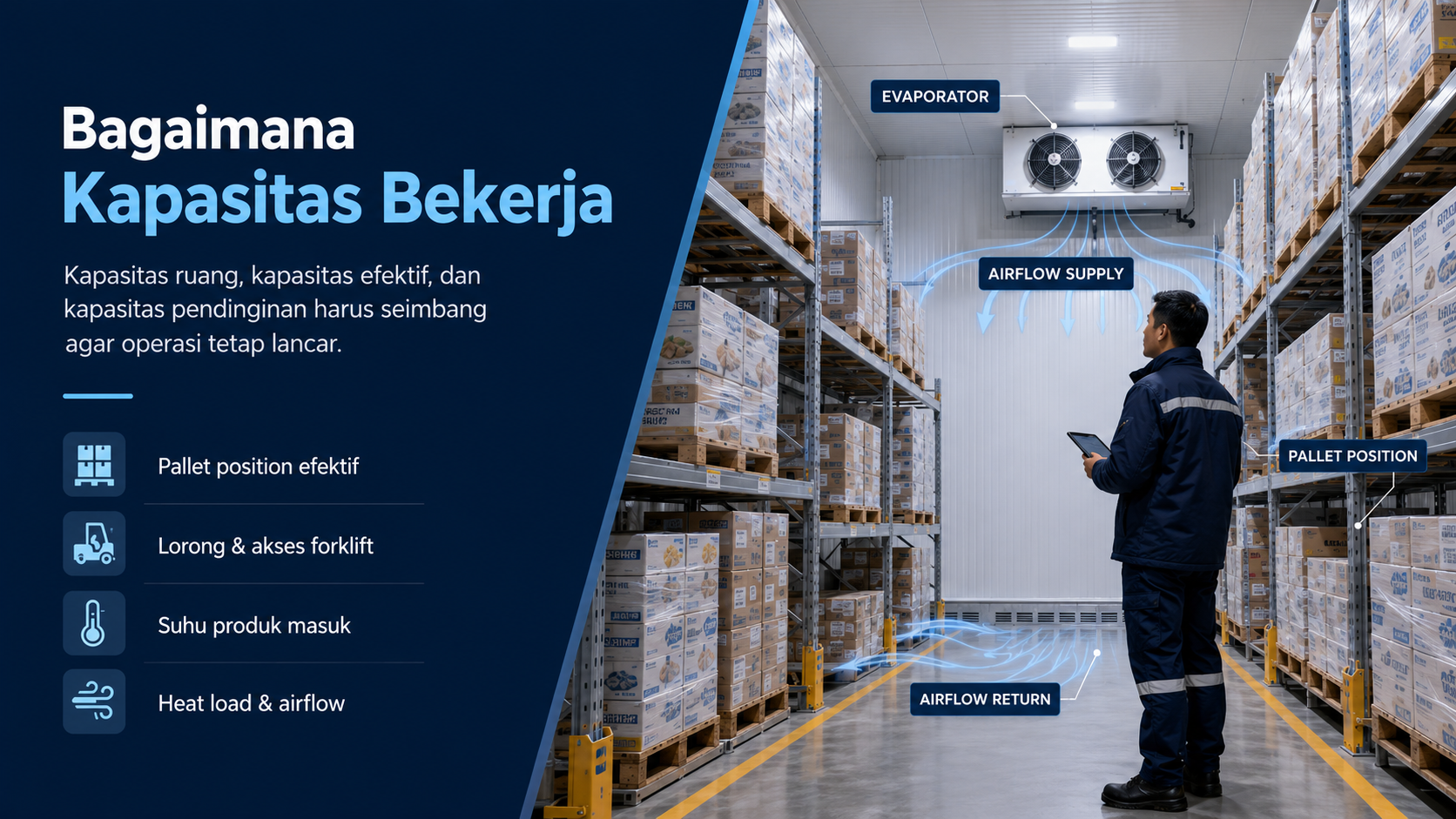Cold storage penuh dengan pallet dan teknisi mengevaluasi kapasitas cold storage, airflow, serta recovery suhu.

