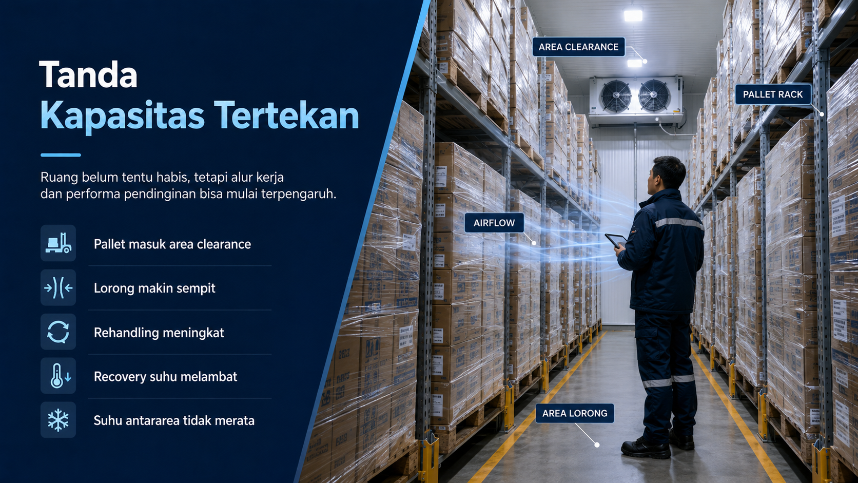 Cold storage penuh dengan pallet dan teknisi mengevaluasi kapasitas cold storage, airflow, serta recovery suhu.

