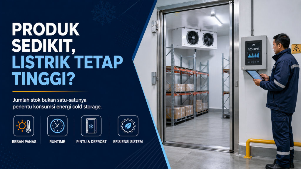 Teknisi mengevaluasi panel energi, evaporator, dan kondensor untuk mencari penyebab tagihan listrik cold storage tetap tinggi saat stok sedikit.