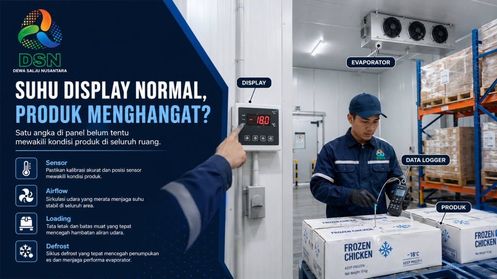 Teknisi memeriksa suhu produk dan data logger saat suhu display normal di dalam cold storage