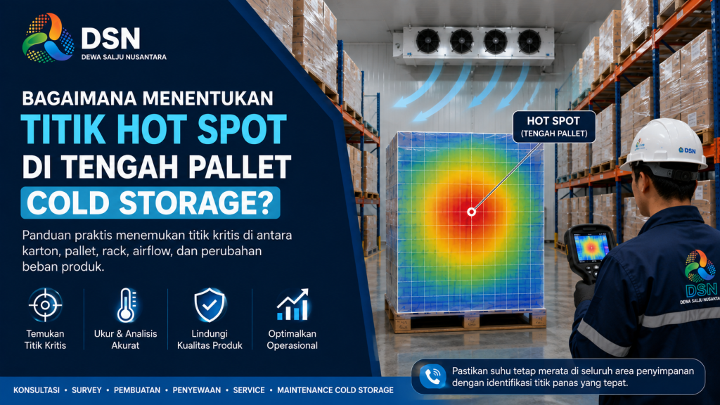 Teknisi melakukan temperature mapping untuk menentukan hot spot cold storage di tengah pallet