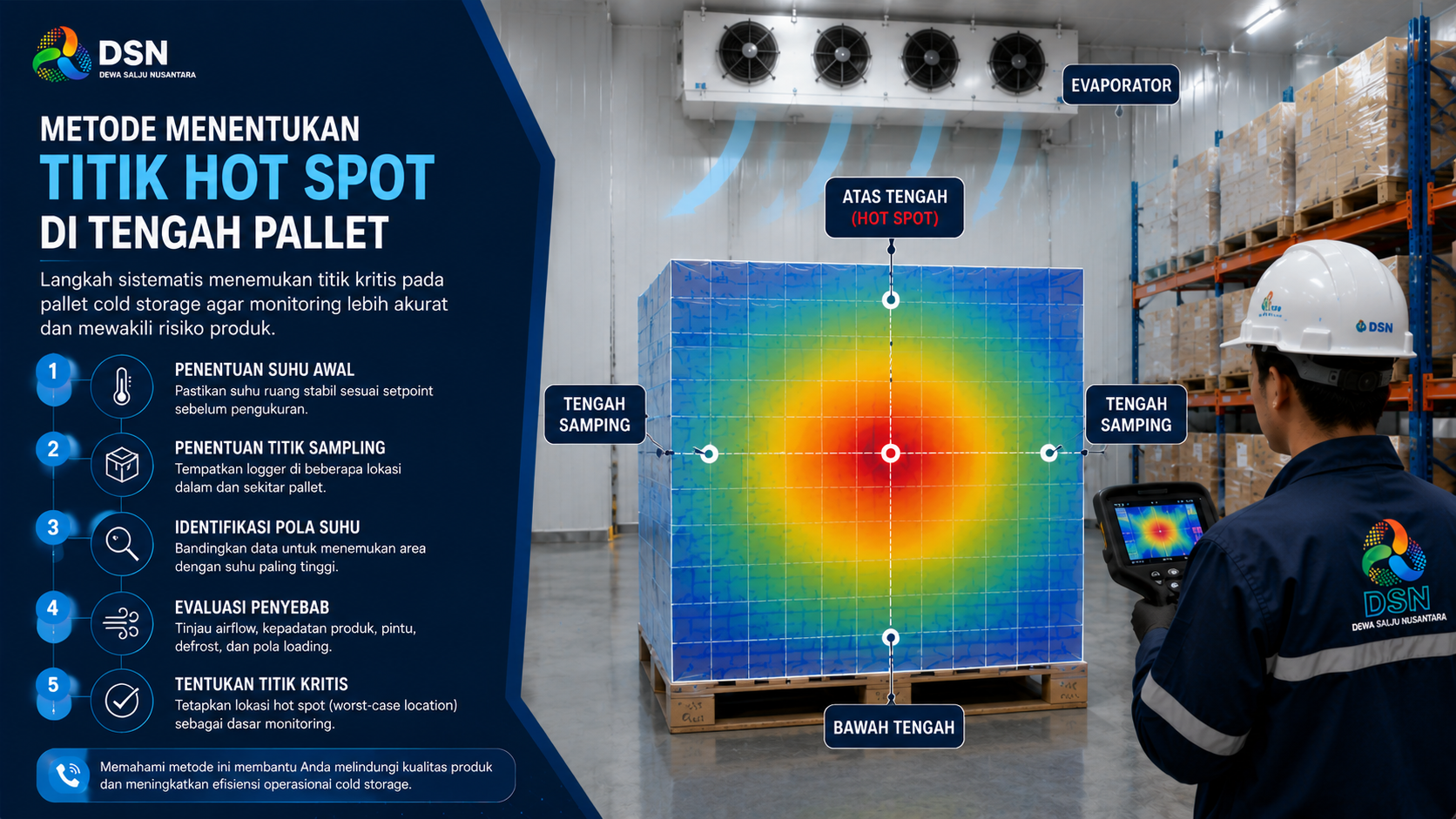 Teknisi melakukan temperature mapping untuk menentukan hot spot cold storage di tengah pallet

