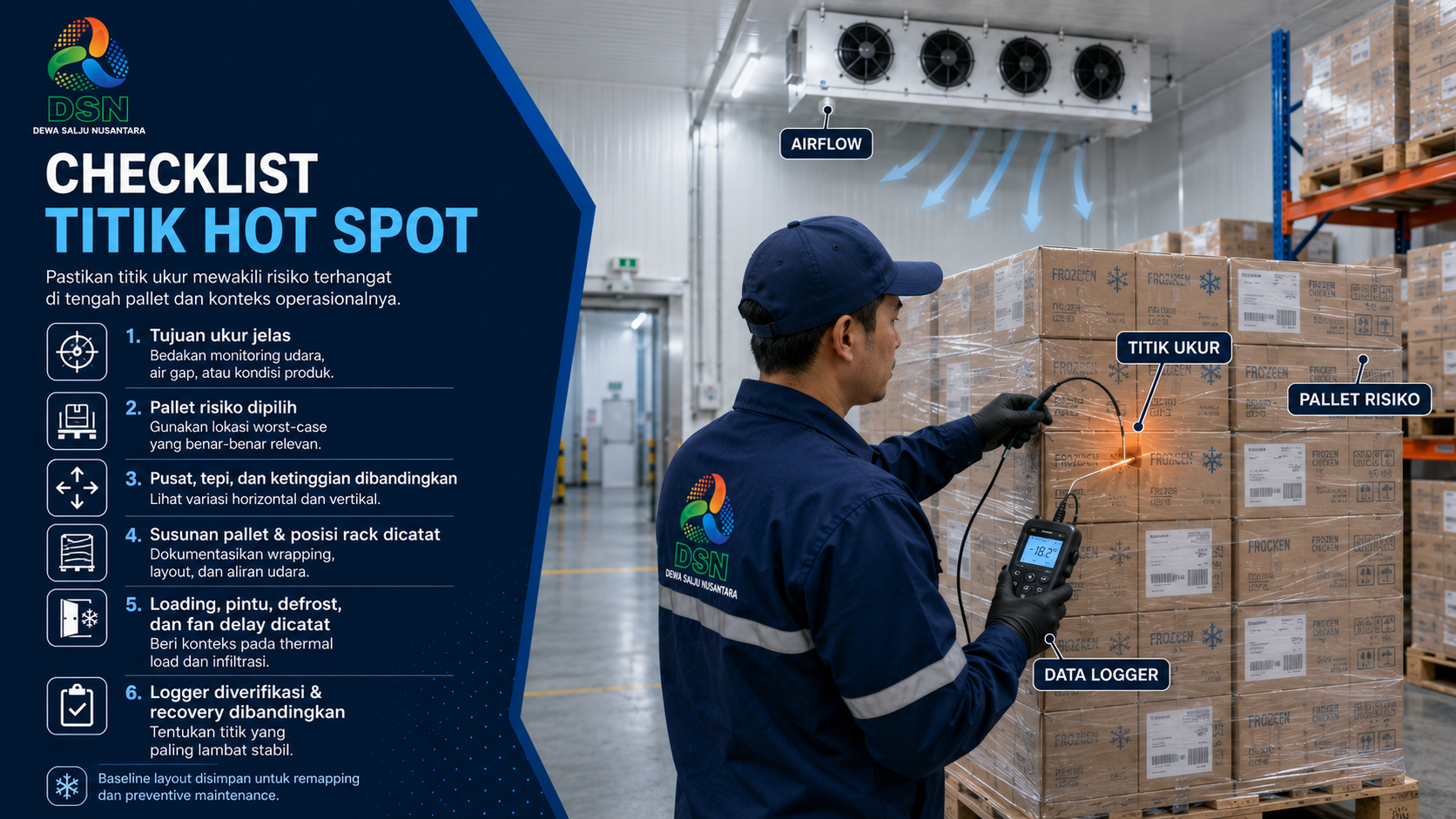 Teknisi melakukan temperature mapping untuk menentukan hot spot cold storage di tengah pallet


