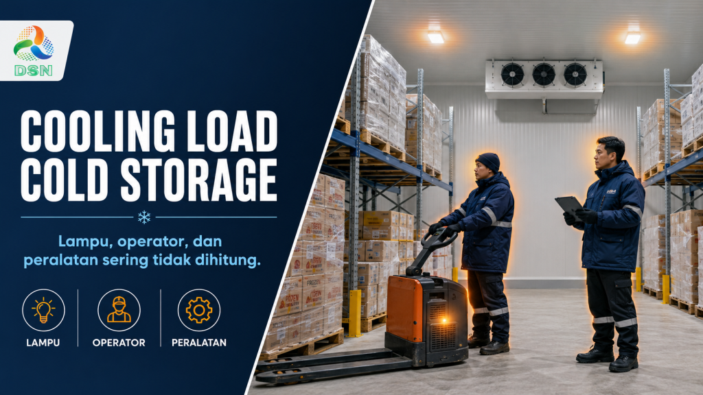 Teknisi menghitung cooling load cold storage dari lampu, operator, dan peralatan gudang dingin