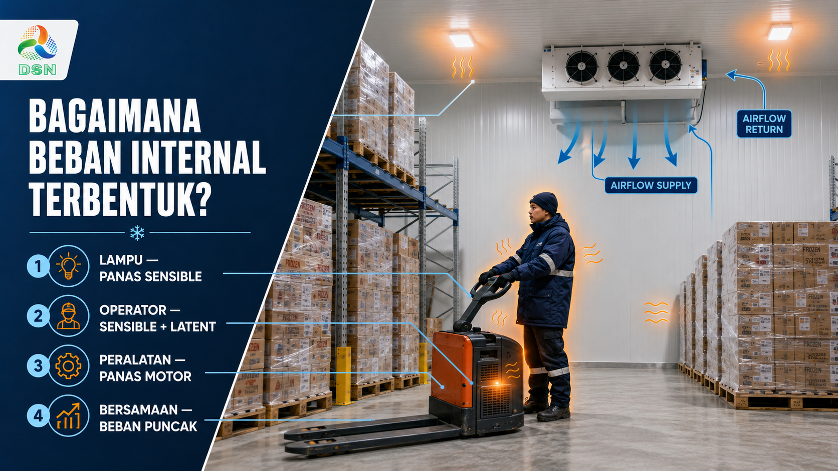 Infografik beban internal cold storage dari lampu, operator, dan peralatan