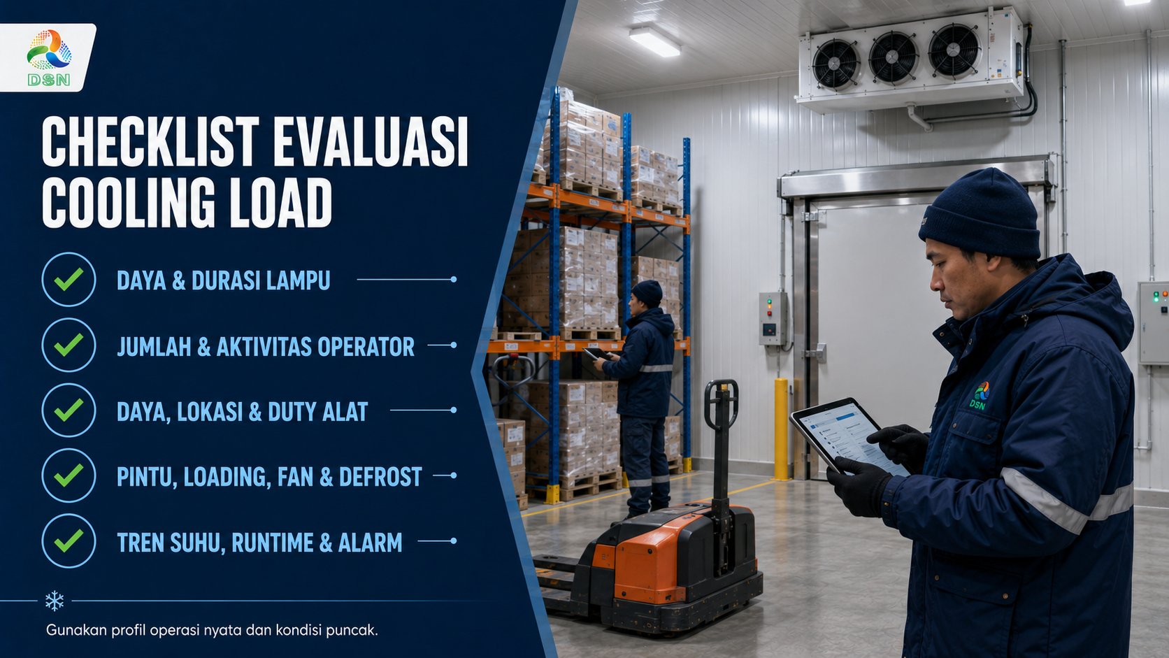 Checklist evaluasi cooling load dari daya lampu, aktivitas operator, peralatan, dan data operasi