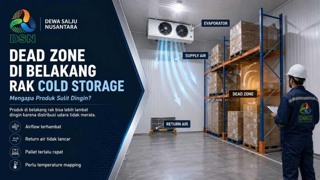 Teknisi memeriksa dead zone cold storage di belakang rak pallet