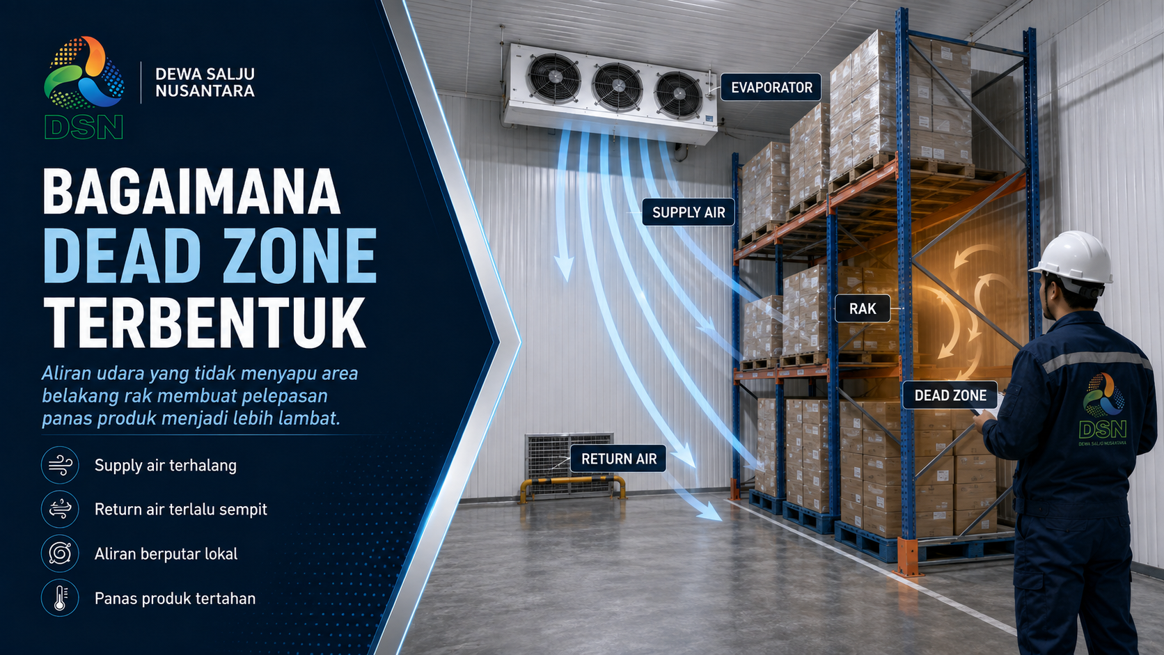 Teknisi memeriksa dead zone cold storage di belakang rak pallet

