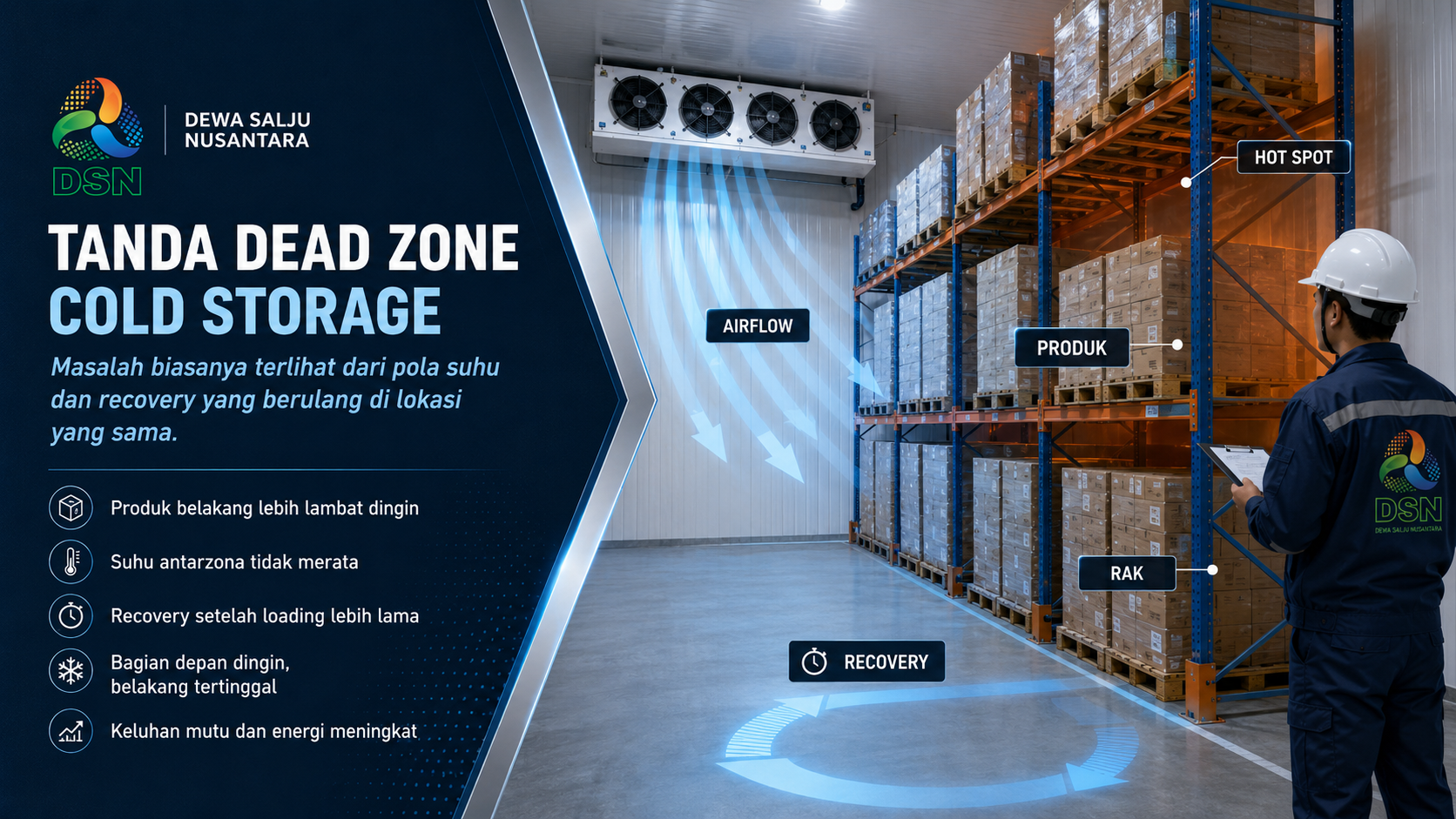 Teknisi memeriksa dead zone cold storage di belakang rak pallet

