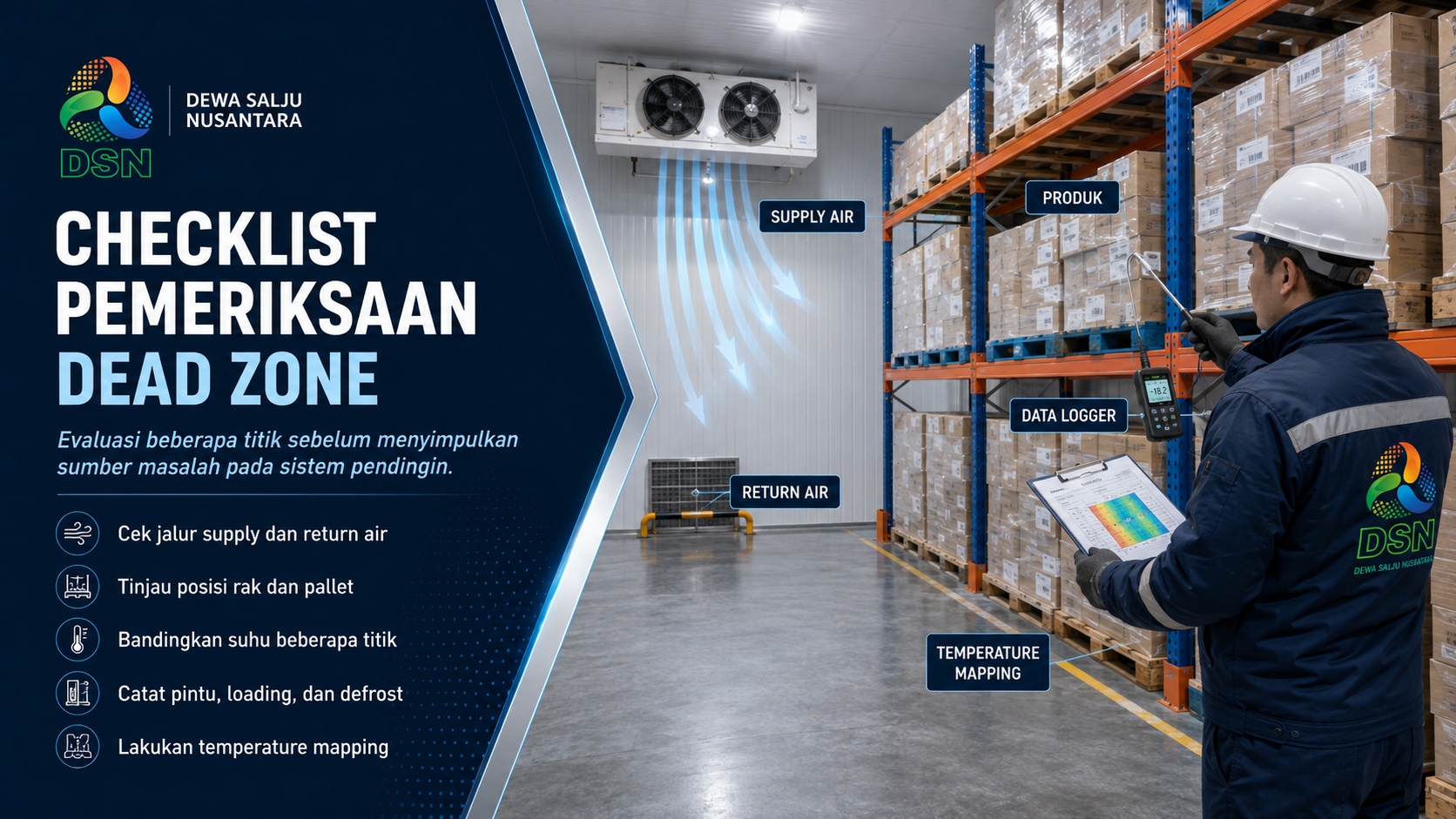 Teknisi memeriksa dead zone cold storage di belakang rak pallet

