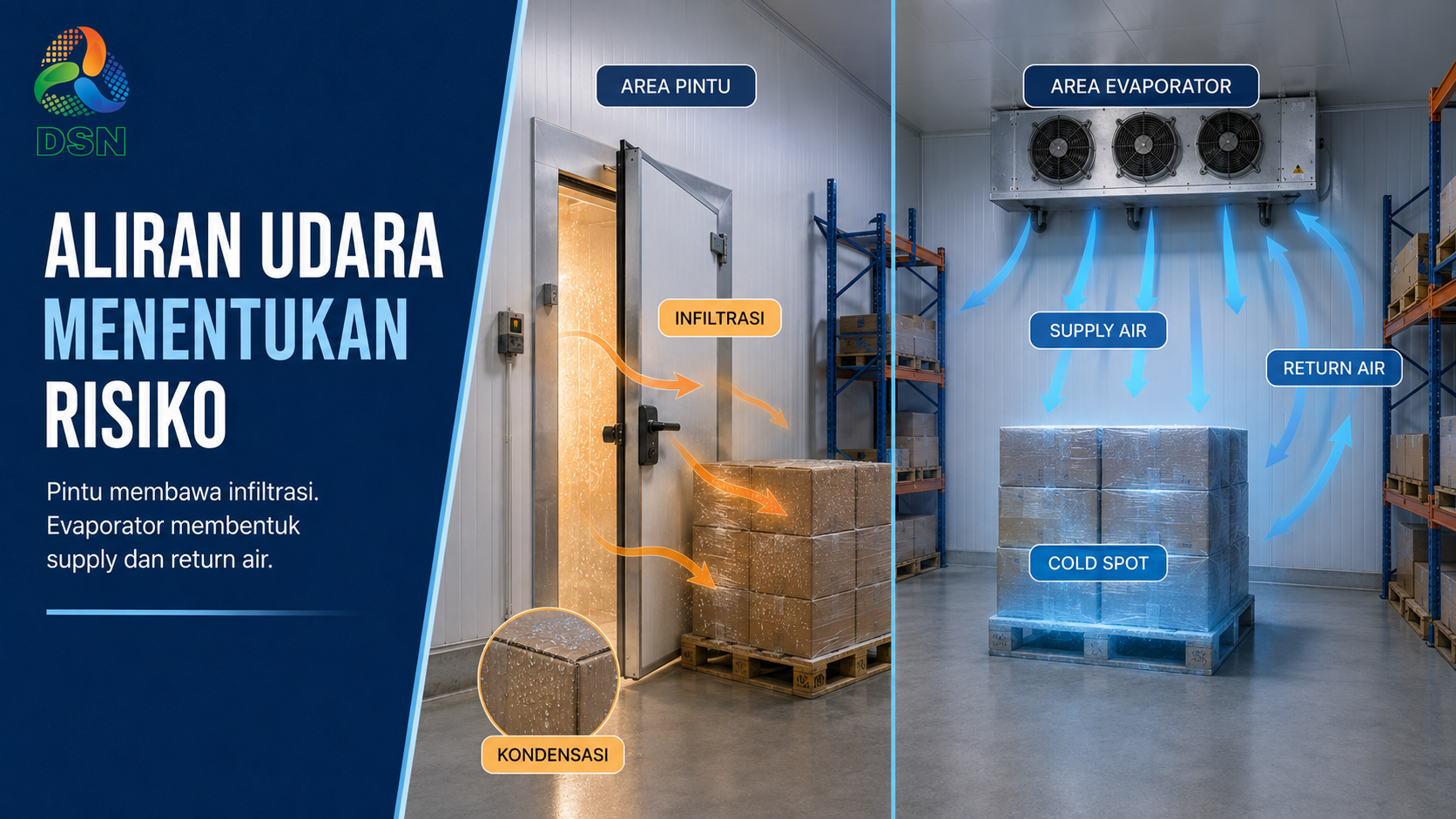 Perbandingan risiko produk dekat pintu dan dekat evaporator cold storage

