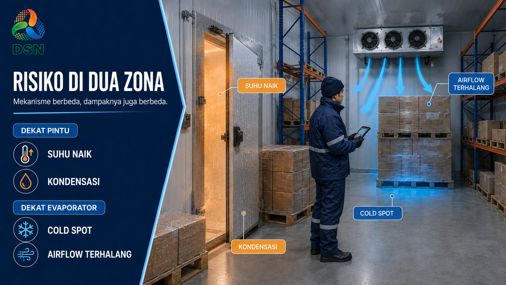 Perbandingan risiko produk dekat pintu dan dekat evaporator cold storage

