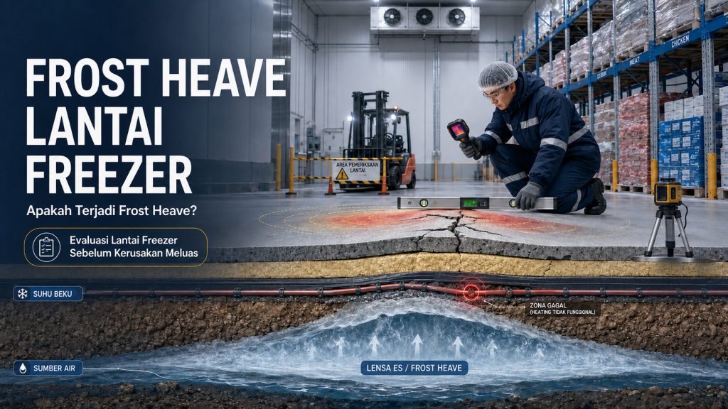Frost heave lantai freezer yang menyebabkan lantai retak dan menggelembung