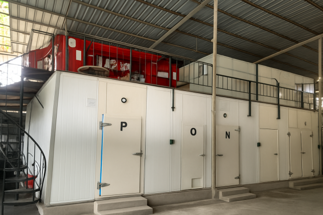 Deretan pintu unit cold storage berpanel putih di dalam gudang.