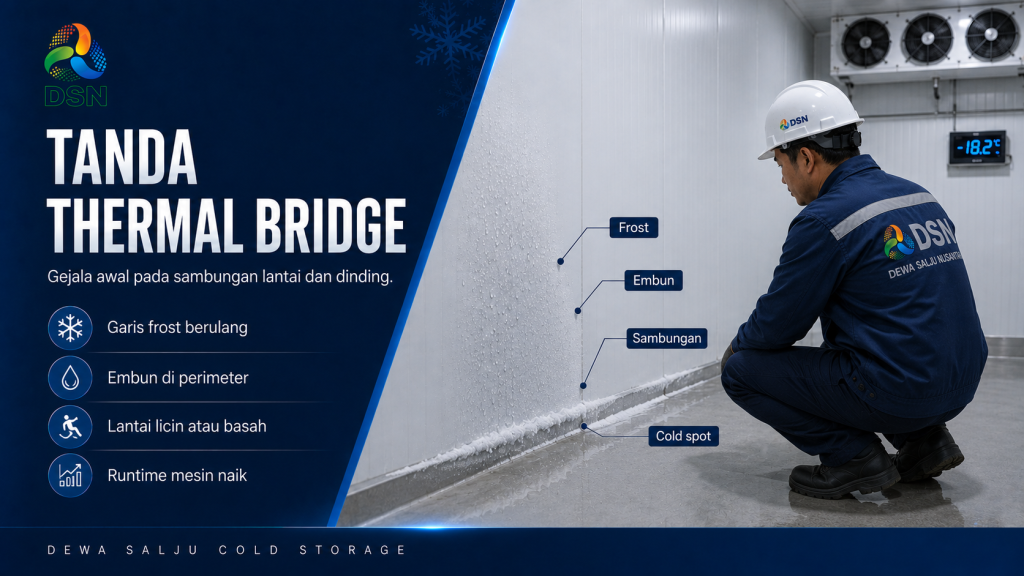 Teknisi memeriksa thermal bridge cold storage pada sambungan lantai dan dinding menggunakan kamera termal