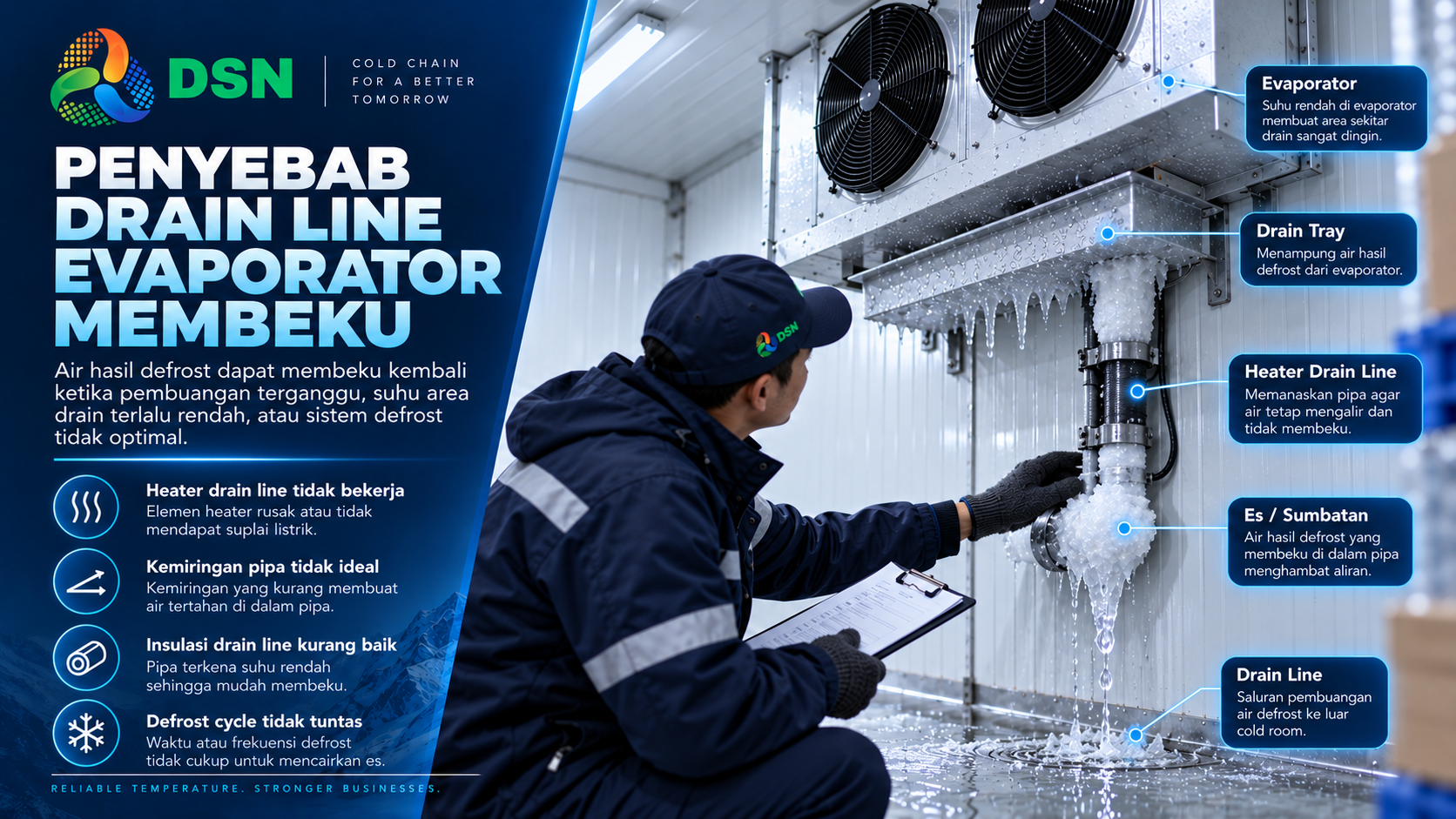 Infografis DSN tentang penyebab drain line evaporator membeku