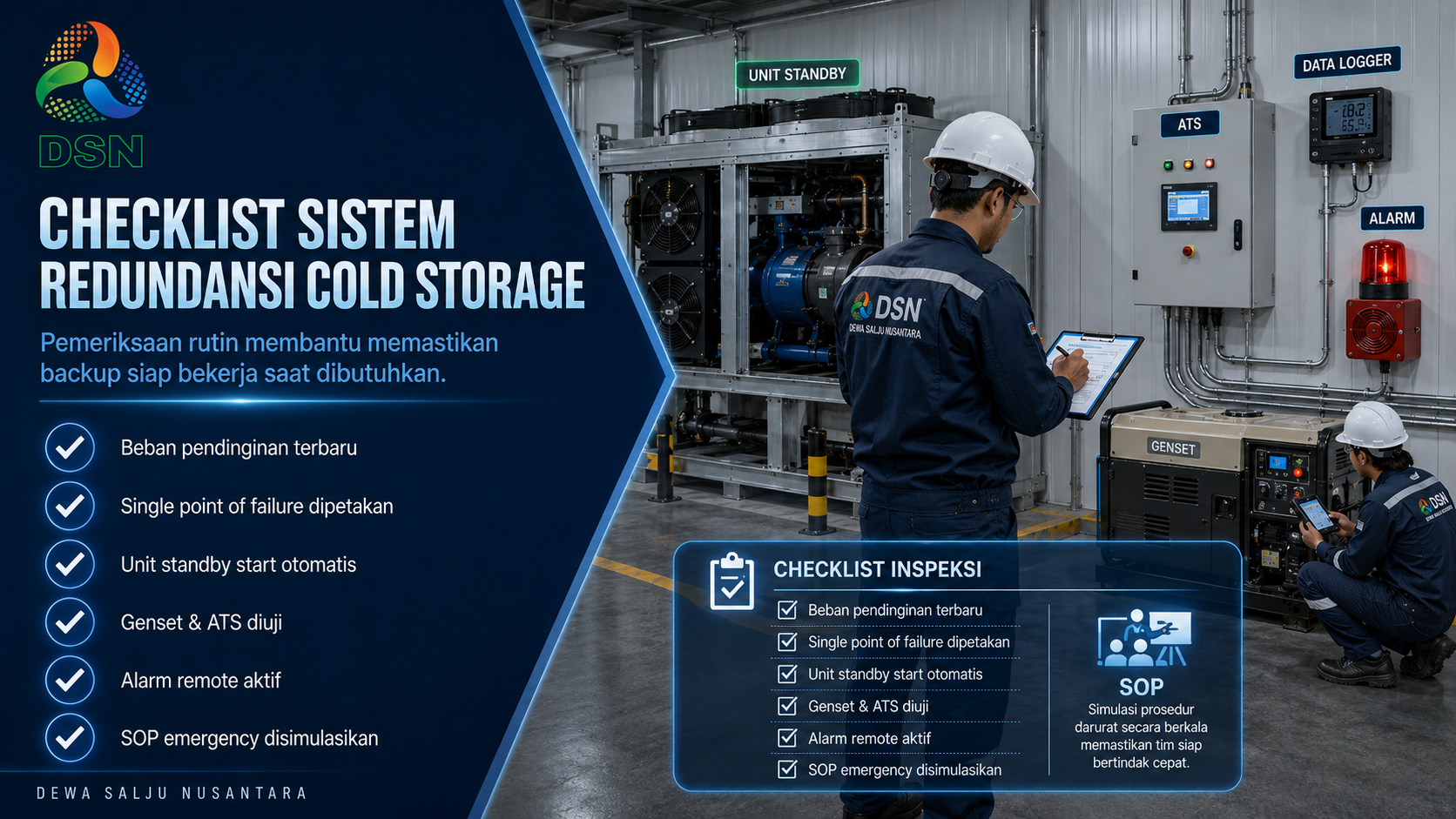 Cara kerja sistem redundansi cold storage dengan unit utama unit standby ATS genset data logger dan alarm remote