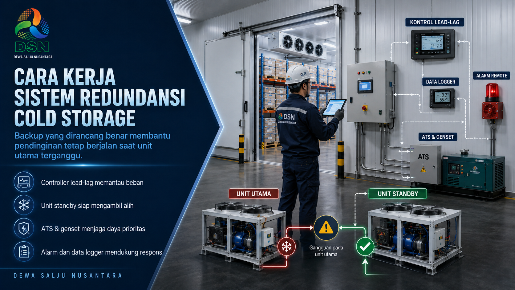 Checklist sistem redundansi cold storage meliputi unit standby ATS genset data logger alarm dan SOP