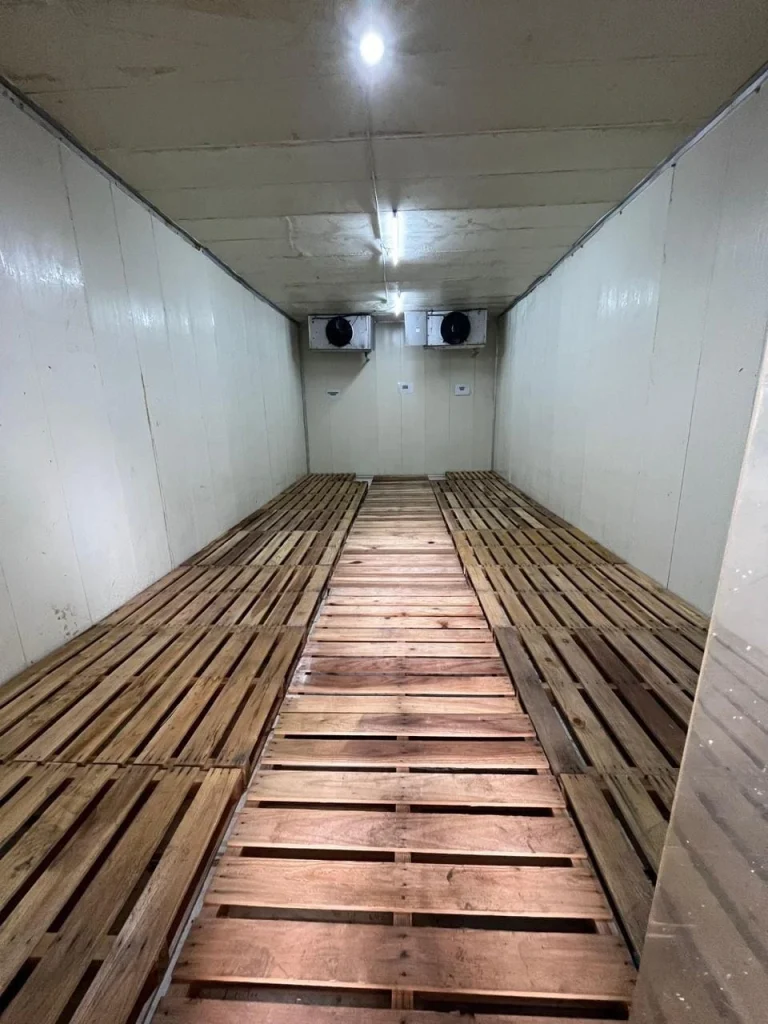 Interior cold storage dengan pallet kayu dan dua evaporator di belakang.