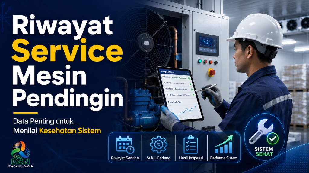 Teknisi mengevaluasi riwayat service mesin pendingin dan data performa cold storage